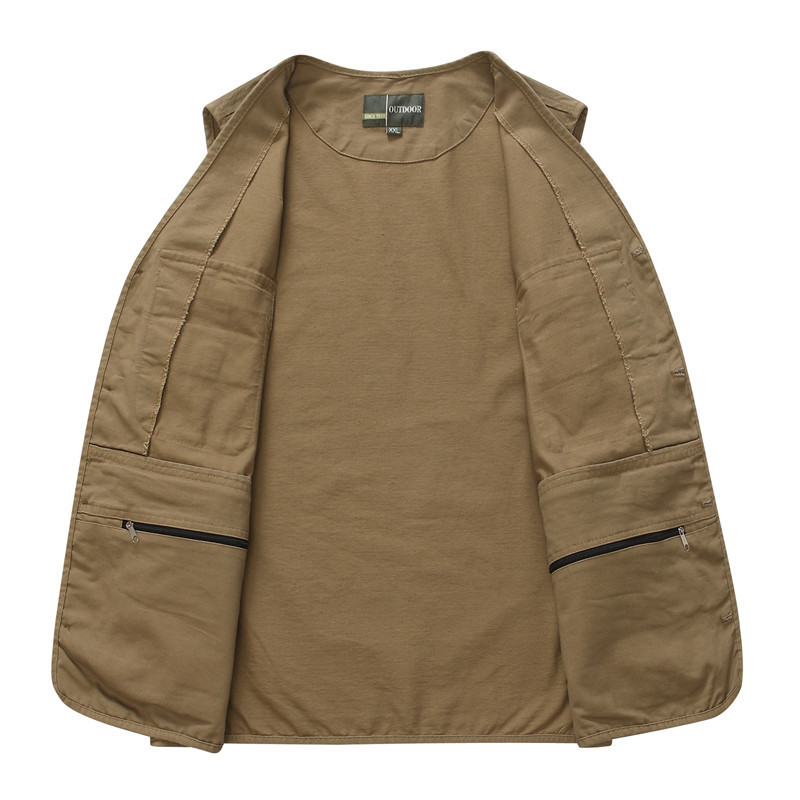Chaleco de exportación con cuello en V para hombre, con múltiples bolsillos, talla grande, estilo con botones, algodón puro, color sólido, chaleco informal para trabajo, deportivo.