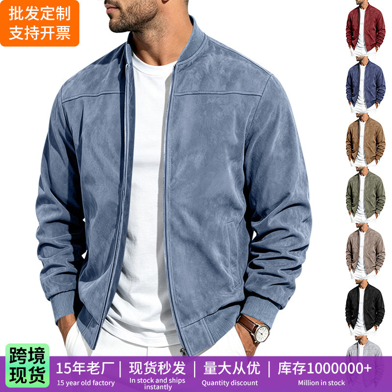 Cross-Border Men's Autumn and Winter Casual Plus-Size Bomber Jacket Amazon Suede Zipper Stand Collar Long-Sleeve Jacket