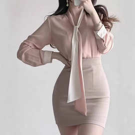 拼色高级感气质衬衫女2025春秋新款V领直筒时尚飘带长袖衬衣上衣