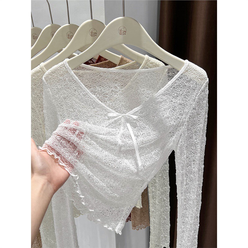 Sexy V-neck lace base shirt for women, spring and autumn thin semi-transparent hollow long-sleeve t-shirt, high-end red mesh top Sexy V-neck lace base shirt for women, spring and autumn thin semi-transparent hollow long-sleeve t-shirt, high-end red mesh top