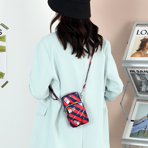 Cross-border wholesale Oxford cloth water-resistant cartoon phone bag three-layer phone pouch single-shoulder crossbody strap wrist hang neck