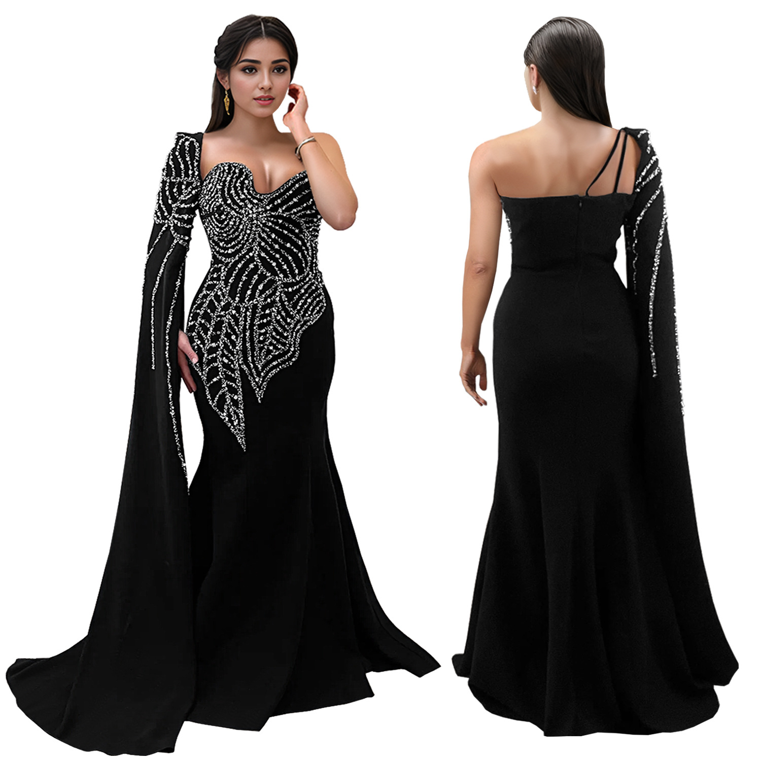 Vestido largo negro de sirena con capa y manga larga con pedrería para mujer, de la tienda independiente de comercio exterior transfronterizo C7288, disponible en eBay. image 5
