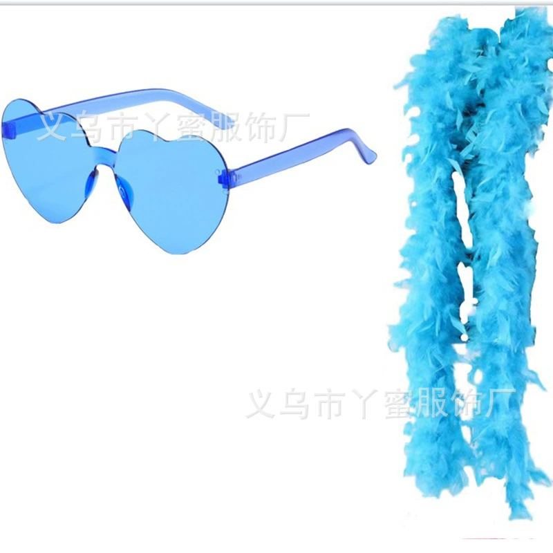 Синий шарф с перьями огня, 40 г, шарф с перьями, очки, комплект из двух предметов, розовые очки, комплект шарфа с перьями