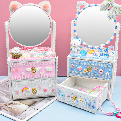 Luxury beauty table, children's diy handmade double-layer set, makeup mirror, storage box, drawer, jewelry cabinet, girl's toy