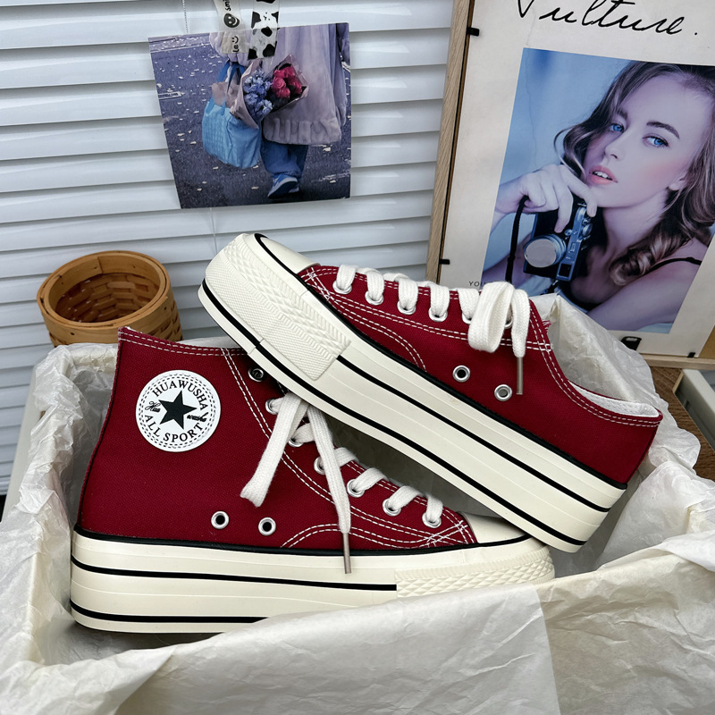 Korean style all-match pink red blue green high-top canvas shoes women's thick bottom increased 4CM low-top platform shoes Korean style all-match pink red blue green high-top canvas shoes women's thick bottom increased 4CM low-top platform shoes