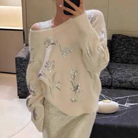 跨境针织衫女春秋新款重工花卉亮片刺绣软糯宽松长袖毛衣上衣