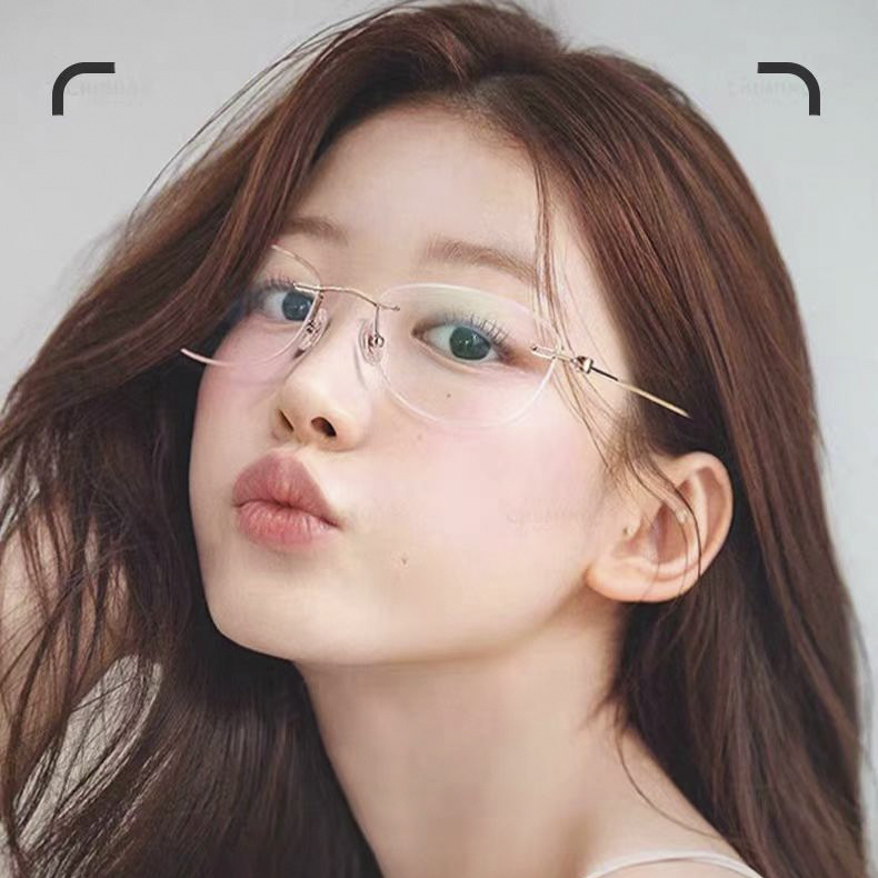 镜禾俏皮猫眼无框眼镜女β钛超轻不压鼻梁可配散光防蓝光无框眼睛