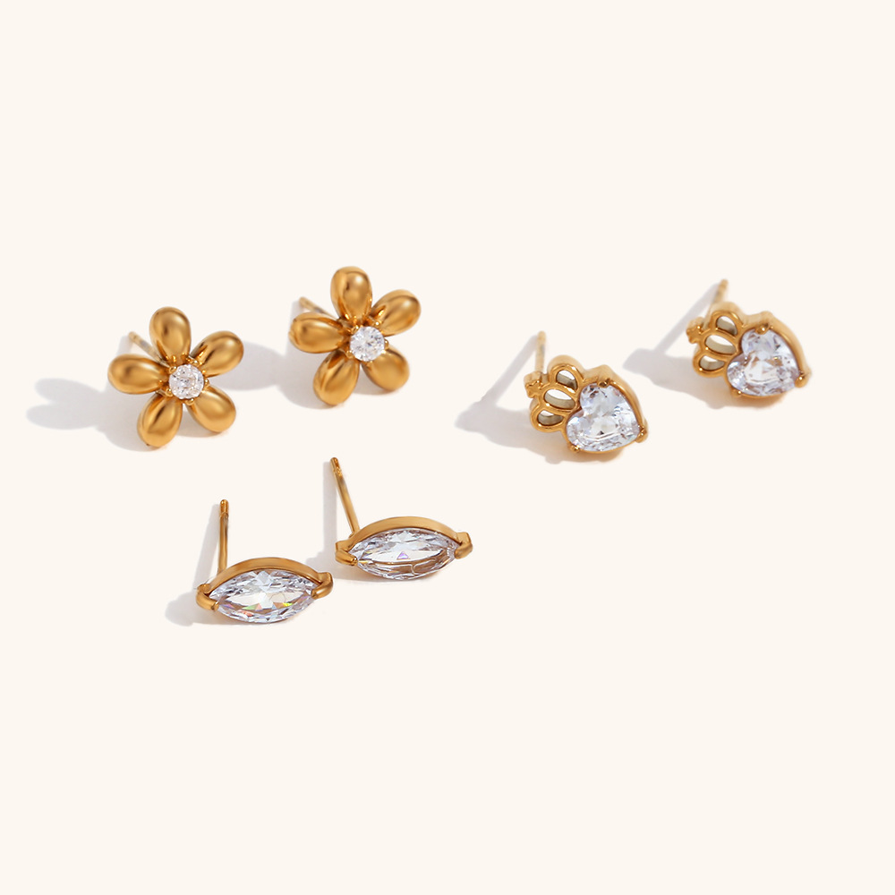 Simple Style Crown Flower Stainless Steel Inlay Zircon Ear Studs 1 Pair display picture 1