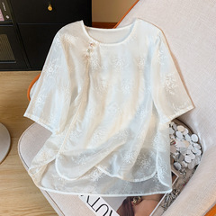 春の新型の大きいサイズの文芸の復古の斜め襟の天糸の刺繍の上着の女性の半袖の丸首の白いお茶の服の小さいシャツの女性