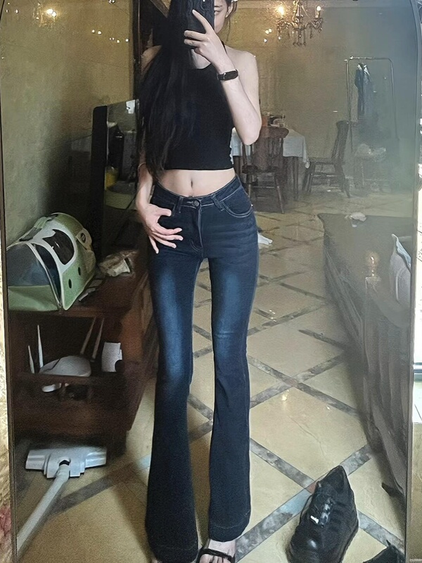 175 Tall American Retro Flared Jeans for Women, Low-Waist, Stretchy, Slim-Fit, Floor-Length Bell-Bottom Pants