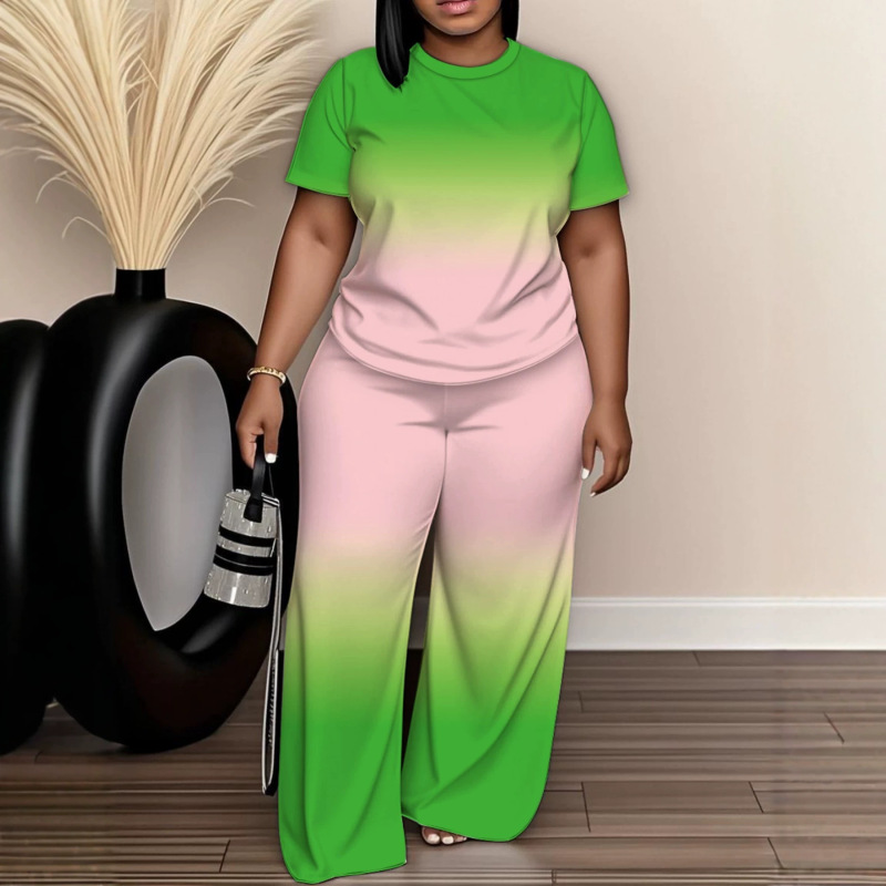 Cross-border European and American plus-size women's casual set: green and pink gradient round-neck short-sleeve top + wide-leg long pants, a two-piece outfit Cross-border European and American plus-size women's casual set: green and pink gradient round-neck short-sleeve top + wide-leg long pants, a two-piece outfit