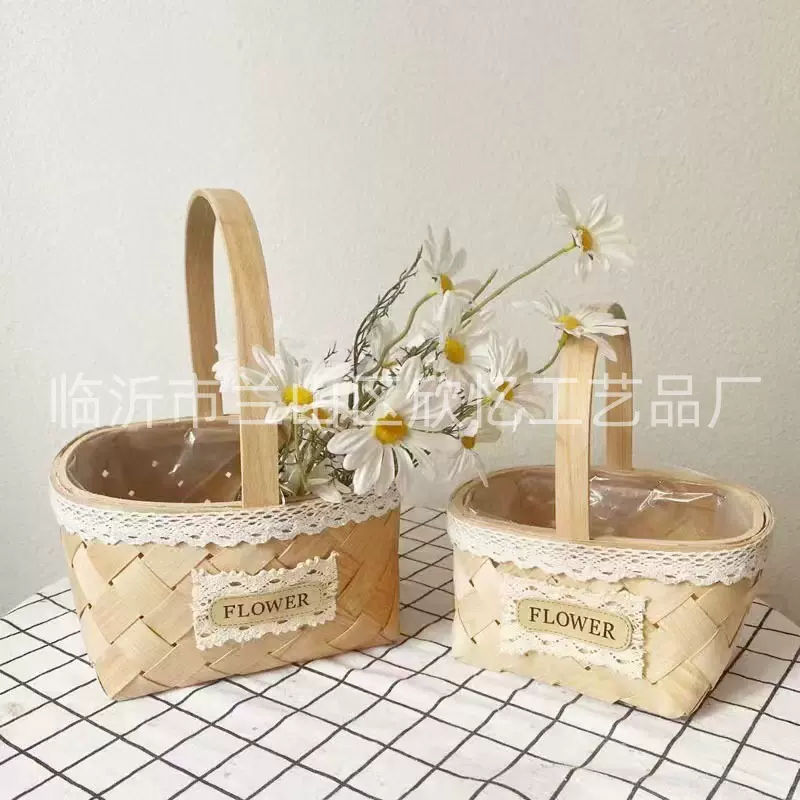 花篮编篮手提临沂野餐篮手提木片花篮木片编织花盆花器蕾丝花边花