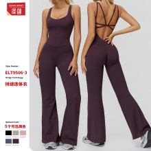 泽创跨境磨毛瑜伽服交叉美背微喇阔腿连体衣跑步运动健身服女9506