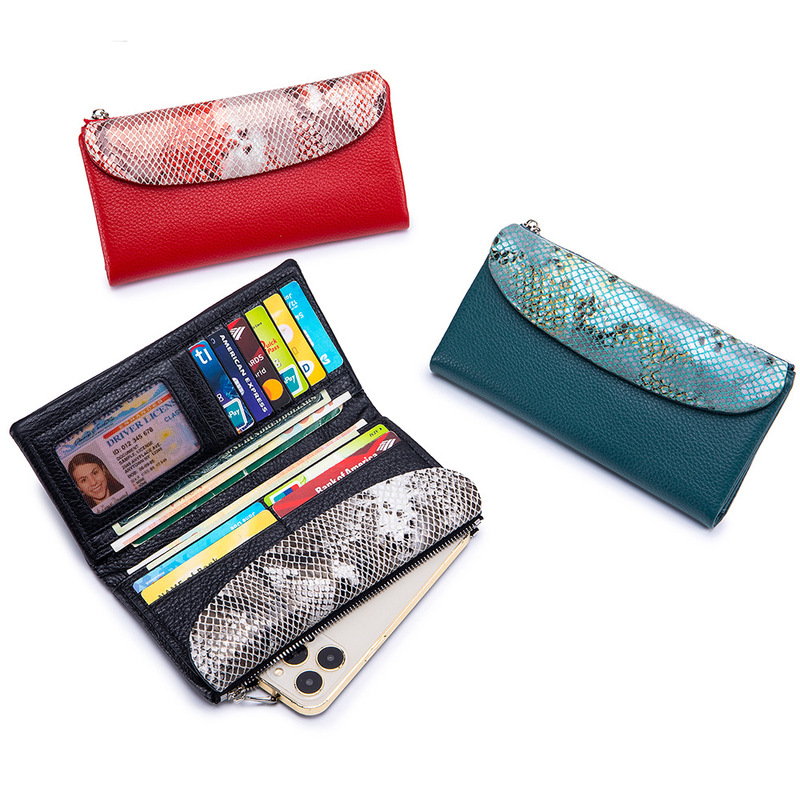 New Snake Pattern Clutch Bag Women's Genuine Leather Simple Long Three-Folding Wallet Leather Wallet Large Capacity Mobile Phone Bag