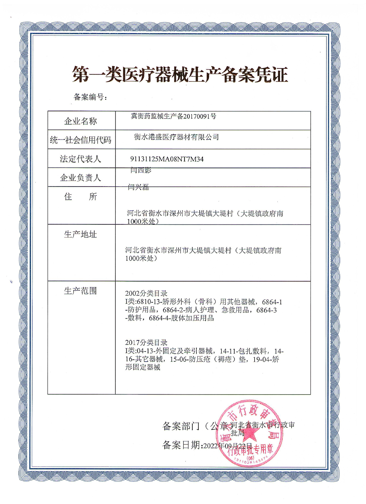 第一类医疗生产备案凭证