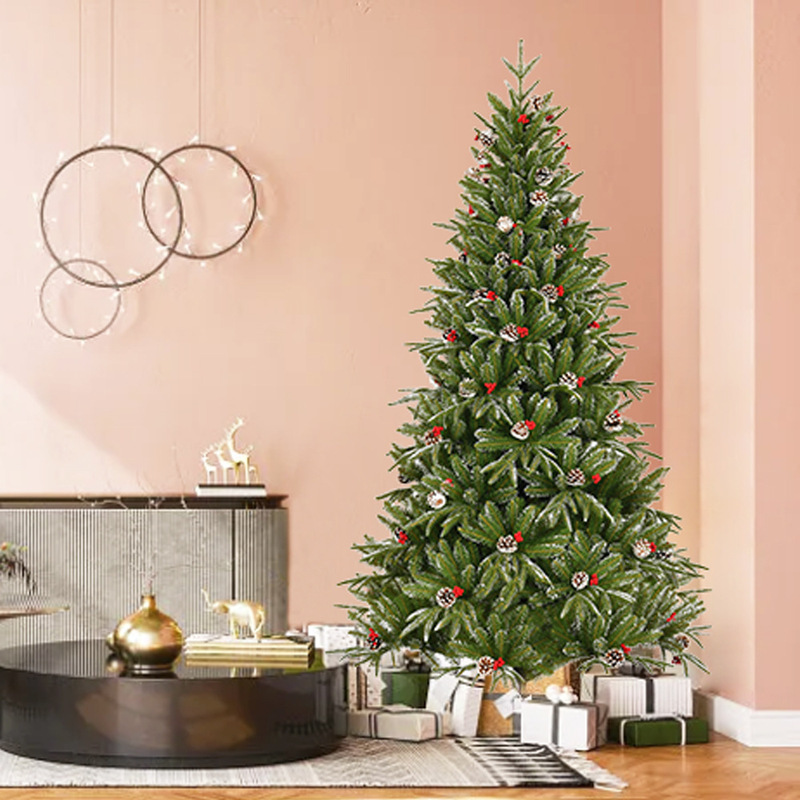 Cross-Border Hot-Selling High-Quality Realistic Christmas Tree with Pe Mixed White Coating Technology, Includes Pine Cones and Red Fruit Decorations, Direct Shipment from the Source Factory