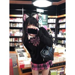 水済中/オリジナルJK黒セーターセットvネックプルオーバー刺繍長袖ニット秋冬校供感