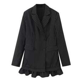 2025秋wish亚马逊eBay女装荷叶边下摆双排扣条纹西装西服  25073