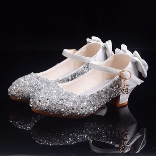 Girls' Leather Shoes with High Heels 2024 Spring and Autumn Rhinestone Bow Princess Model Performance Crystal Flats Silver New Style
