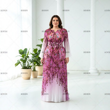 欧美风中东女装长袖连衣裙高级感三宅褶皱印花百褶长裙轻奢收腰