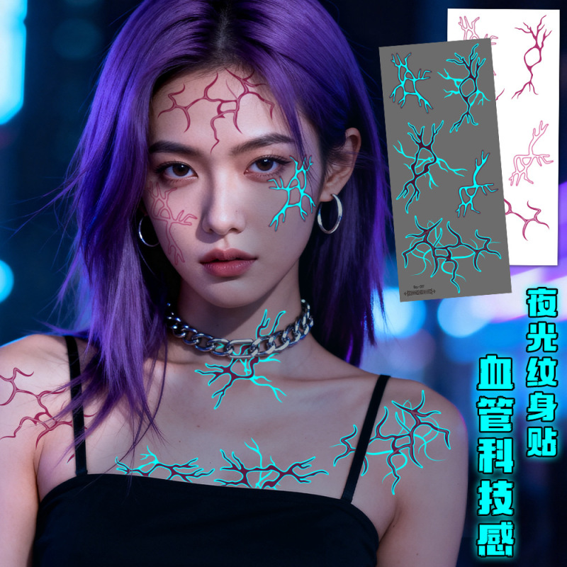 Luminous Vascular Tattoo Stickers with a Technological Feel, K-Pop Girl Group and Boy Group Makeup Style, Lightning Waterproof Magic Pattern Temporary Tattoo Stickers Luminous Vascular Tattoo Stickers with a Technological Feel, K-Pop Girl Group and Boy Group Makeup Style, Lightning Waterproof Magic Pattern Temporary Tattoo Stickers