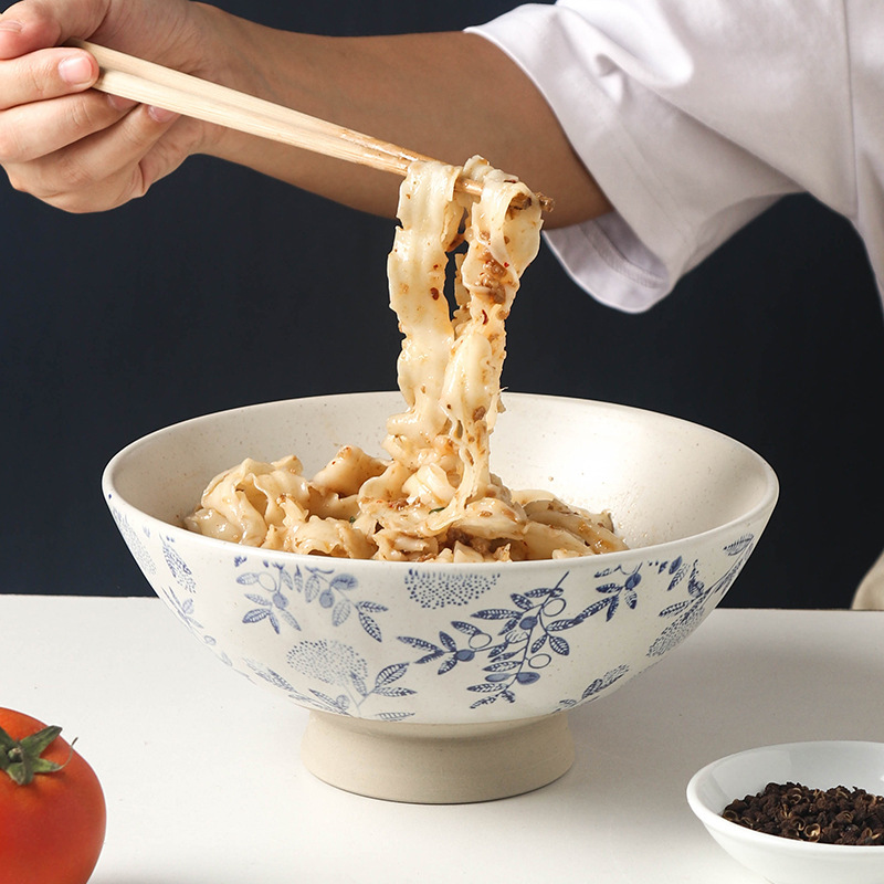 Chinese-style Blue and Flower Bucket Bowl High Feet Vintage Coarse Pottery Rice Bowl Japanese-style Ran Noun Bowl Advanced Sense Commercial Noun Restaurant Large Size