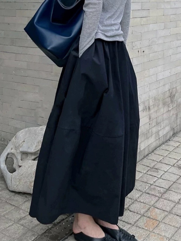 黑色花苞半身裙女早秋2025新款松紧腰遮垮显瘦高腰中长大摆长裙子|undefined
