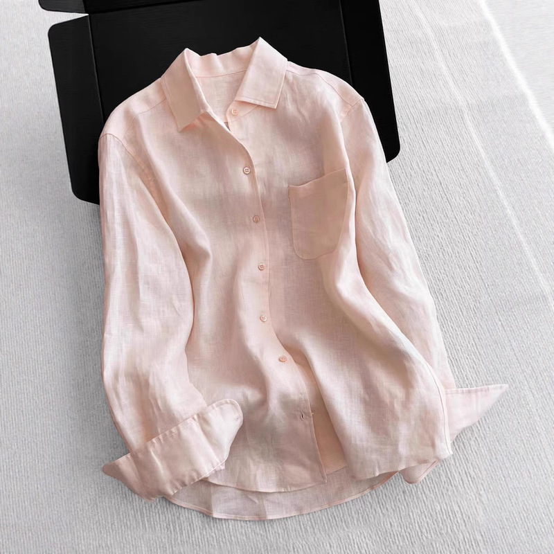 SUN! Summer Peach ~ Pink Linen Shirt Women's 2025 New Lightweight Breathable Long Sleeve Lar Loose Top