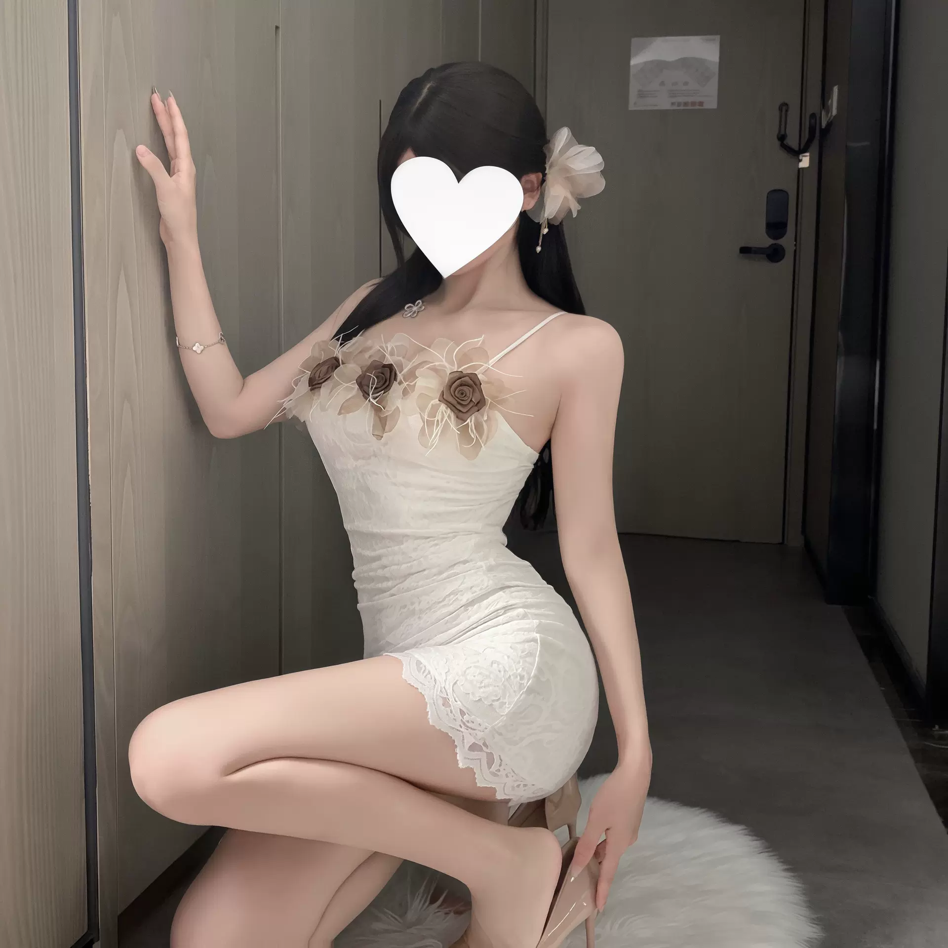 硕遥新款高腰裙气质吊带立体花朵修身连衣裙纯欲风吊带睡裙729