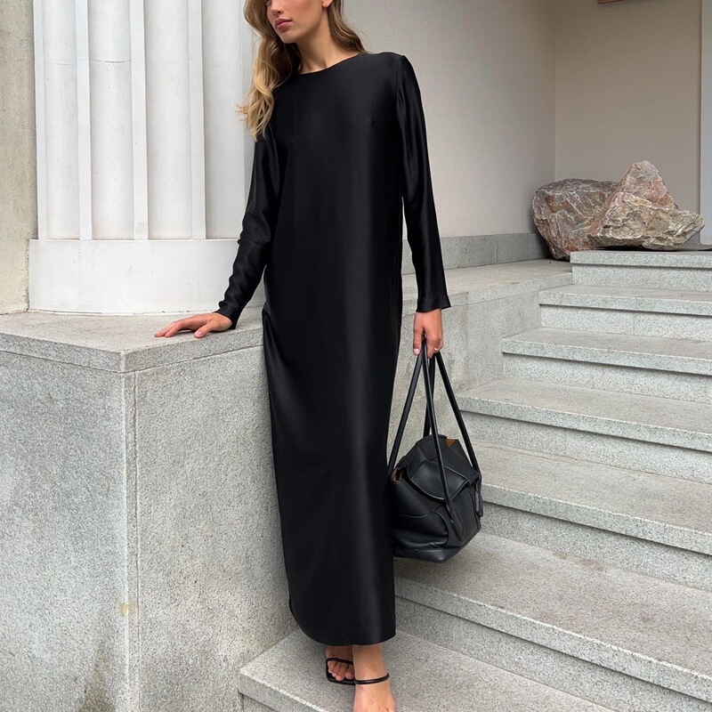 2025 Autumn and Winter New European and American Women's Fashion Base Dress, Stylish Long-Sleeve Slit Satin Draped Bodycon Long Dress 2025 Autumn and Winter New European and American Women's Fashion Base Dress, Stylish Long-Sleeve Slit Satin Draped Bodycon Long Dress