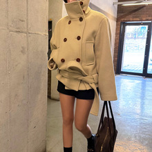 韩国26春季新款羊毛双排扣立领系带短款毛呢外套大衣保暖宽松上衣