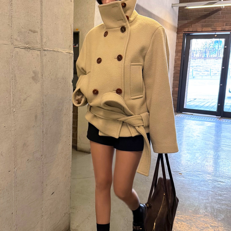 Korean 26 Spring New Style Wool Double-Breasted Stand Collar Tie Short Woolen Coat Warm Loose Top