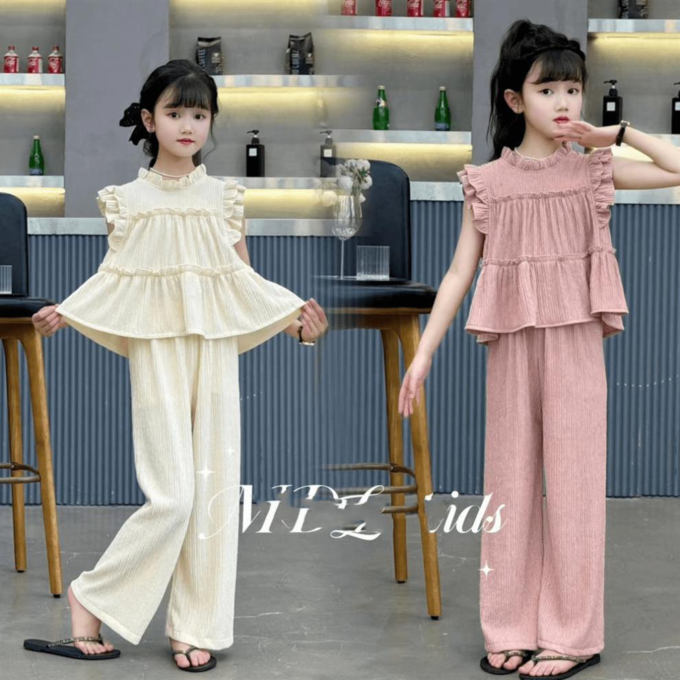 in dekliška poletna oblačila 2024 nova srednje velika do velika otroška majica brez rokavov, široke hlače v princeskinem slogu, dvodelna_voghion.com