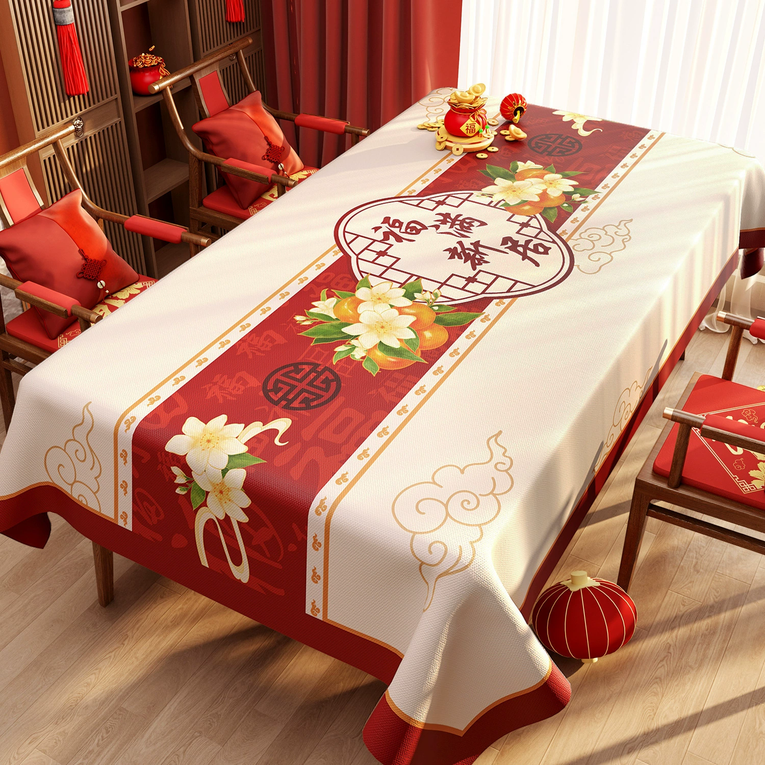 New Chinese New Year red festive atmosphere PVC waterproof and oil-proof tablecloth Spring Festival blessing Chinese coffee table tablecloth
