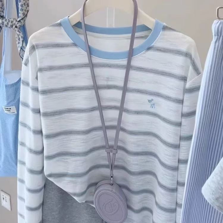 2026 New Style Gray Blue Striped Embroidered Lace Patchwork Sun Protection T-Shirt for Women Summer Thin Cover-Up Top for Women