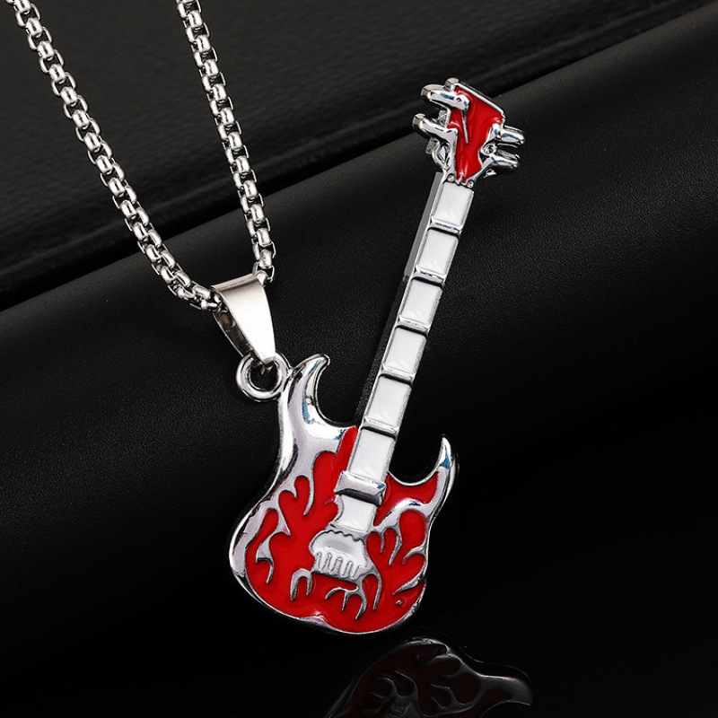 New Rock Hip Hop Red Music Guitar Pendant European and American Personality Academy Wind Musical Instruments Stainless Steel Necklace Jewelry