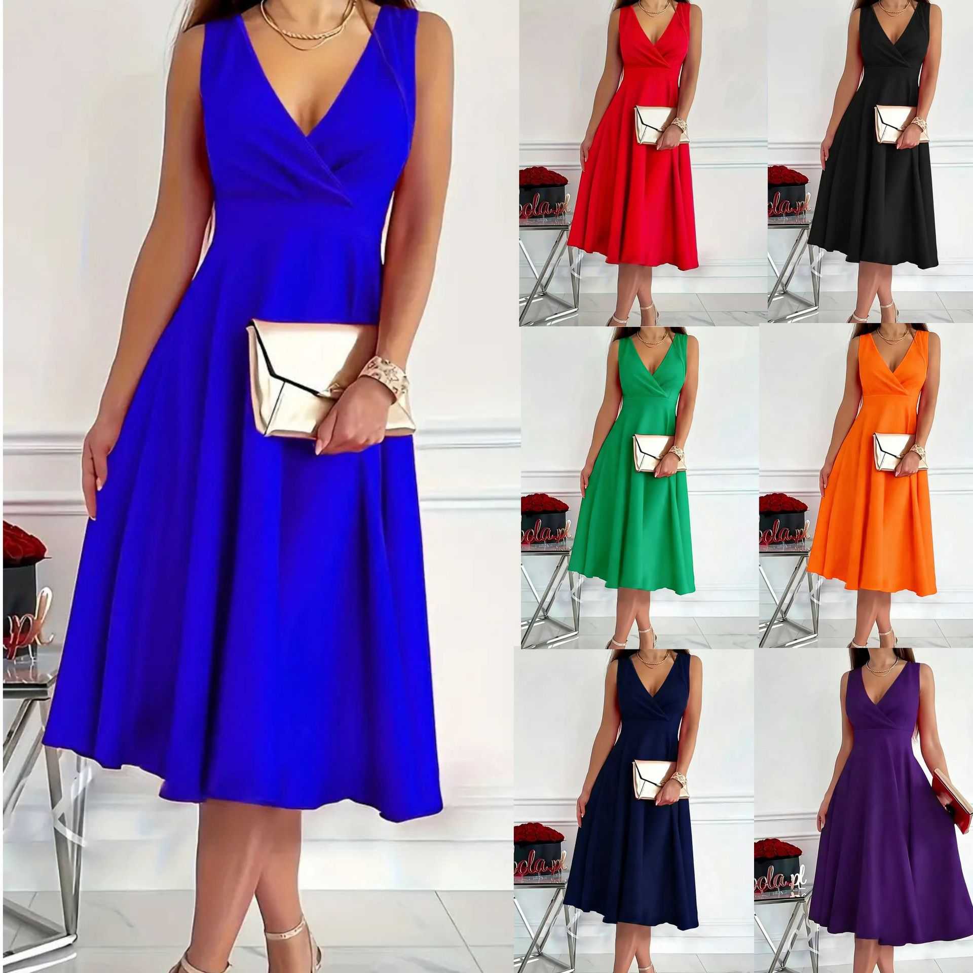 In-Stock 2026 European and American Cross-Border Independent Site Amazon Sleeveless V-Neck Vest Fashion Casual Dress Evening Gown