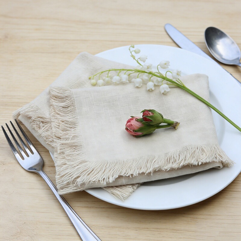 Cotton and Linen Simple Napkin Cloth with Tassel Edges, Wedding Photography Props, Background, Kitchen Hand Towel, Exclusively for Cross-Border Supply