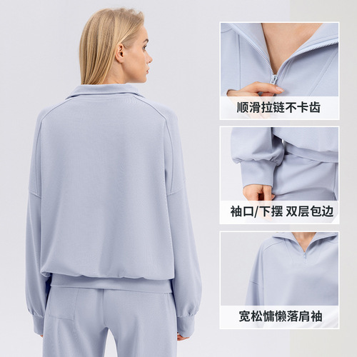 European and American-style autumn/winter women's sports hoodie with half-zip, featuring long sleeves, a relaxed fit, and perfect for outdoor activities like fitness, running, or casual wear.