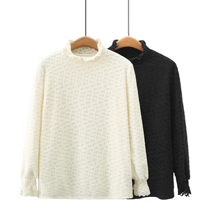 2023 autumn and winter lace bottoming shirt plus size women's lace collar fleece-lined top chubby girl long sleeve niche 377