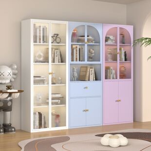 Iron Bookcase Household Glass Door Storage Cabinet Children's Storage Cabinet Floor-Standing Iron Display Cabinet Living Room Storage Bookshelf