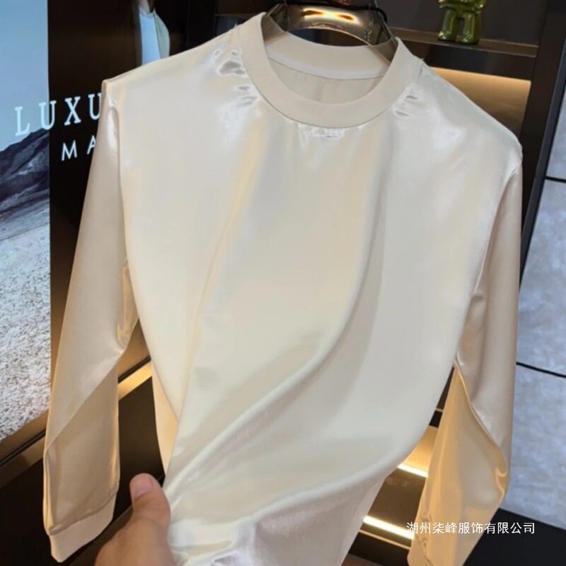 Men's high-end glossy skin-friendly light luxury satin long-sleeve fashion trendy versatile T-shirt sweatshirt