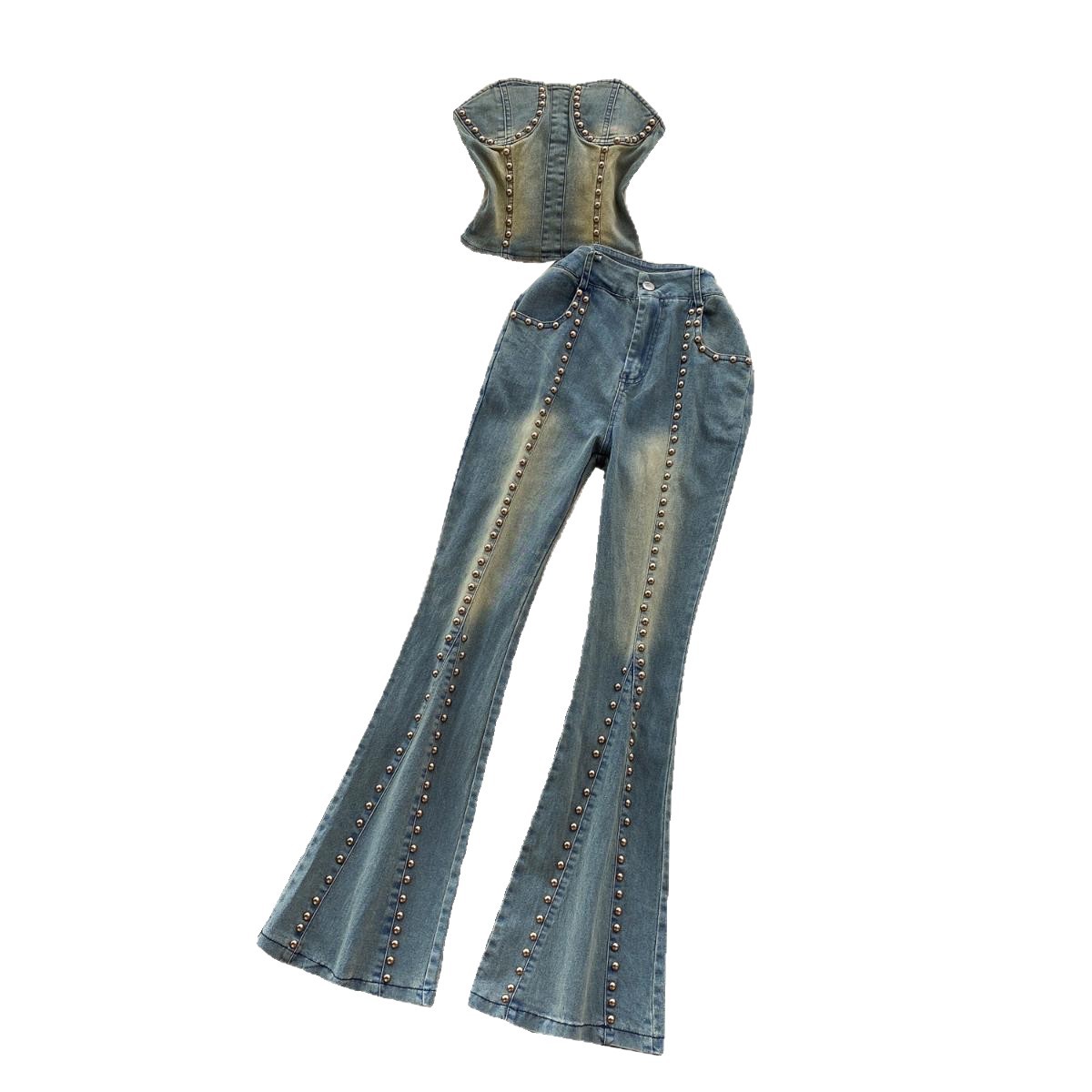 Women's Slimming Beaded Denim Suit Sexy Strapless Top High Waist Slightly Flared Length Retro American Two-Piece Outfit_ecoleips.com