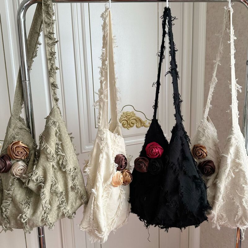 Spring and Summer New Linen Jacquard Crossbody Bag Rose Heavy Industry Design Retro Lotus Leaf Tassel Shoulder Bag Lace