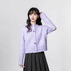 香芋紫圆领毛衣外套女2025春秋新款宽松软糯加厚针织开衫短款上衣