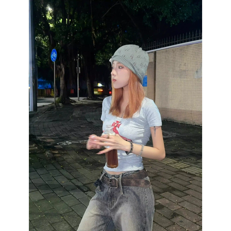 Американский ретро Vintage Серый U-образный вырез с короткими рукавами футболка женская 2025 летний чистый ветер тонкий тонкий короткий топ