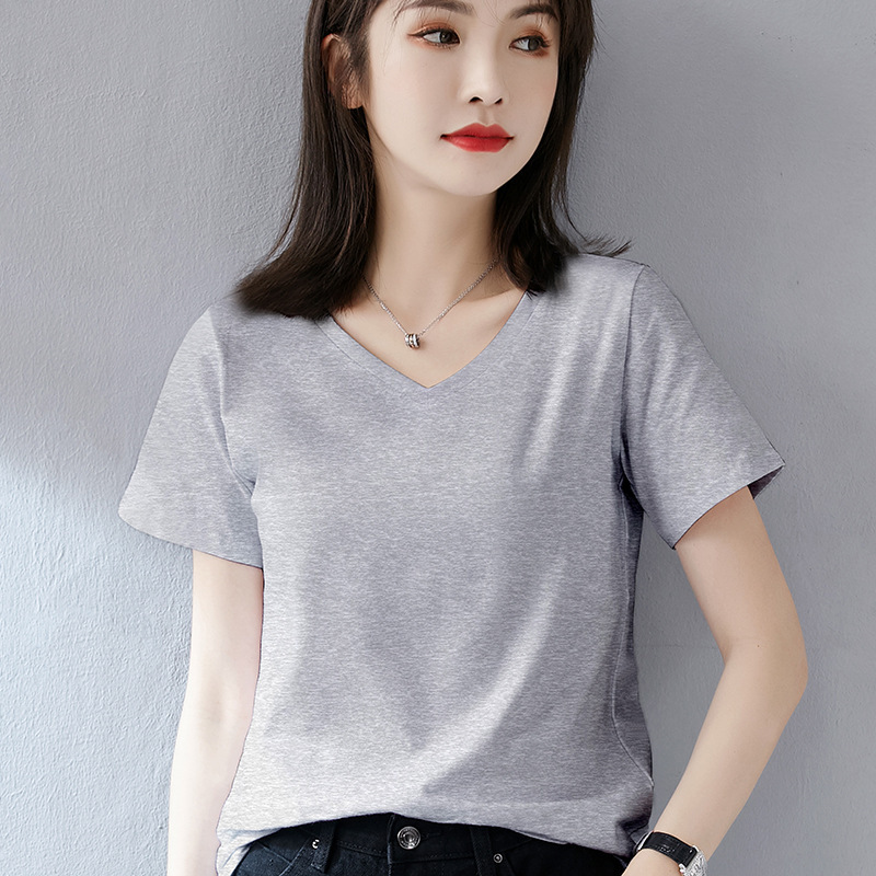 2022 New Grey V-neck Short-sleeved T-shirt Women's Pure Cotton Loose Korean Style Summer T-shirt Half-sleeved Chicken Heart Collar Top