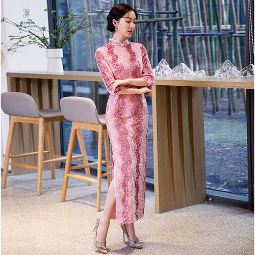 Pink velvet sequined Chinese dresses oriental qipao for women girls model show miss etiquette catwalk cheongsam Plus size host singers long performance stage cheongsam