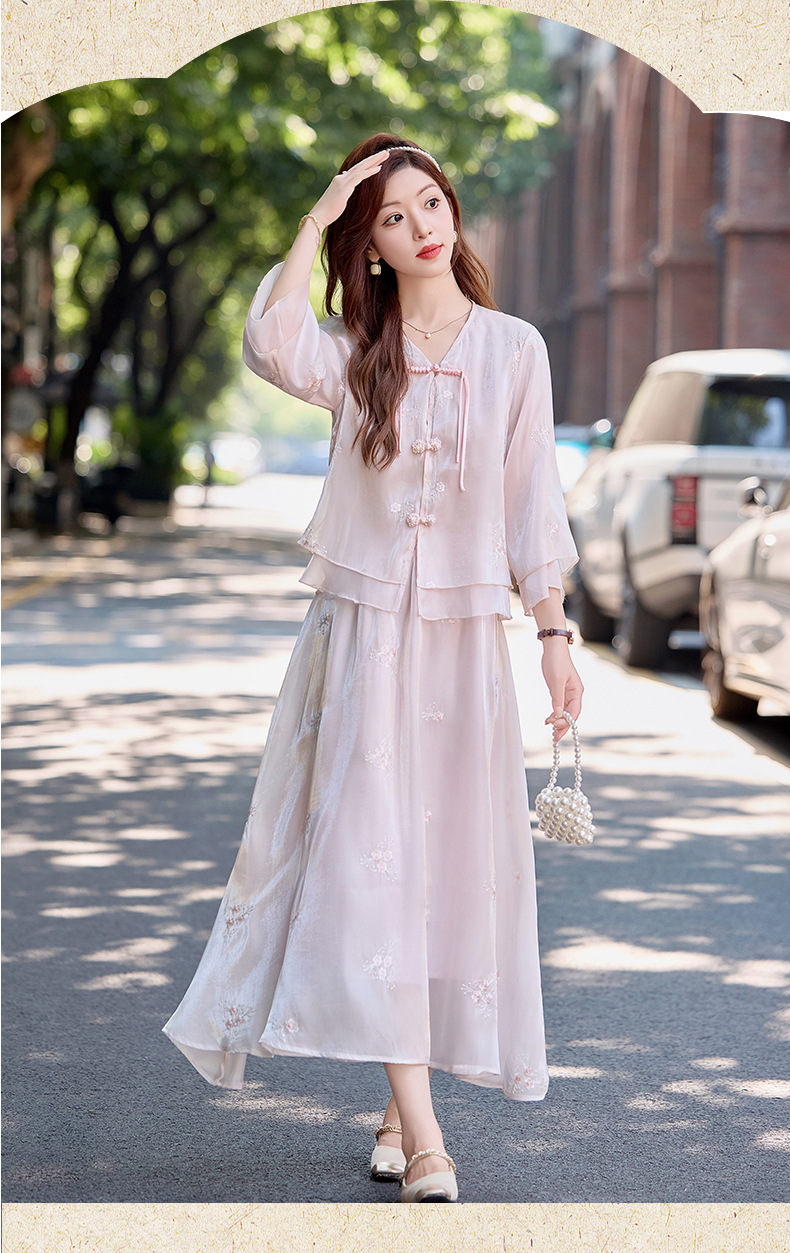 Bộ đầm maxi nữ thắt eo phong cách Trung Hoa mới tay ngắn cổ đứng — Màu như hình chi tiết 12