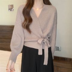 系带针织开衫上衣秋装新款法式小众复古小众设计简约V领毛衣外套